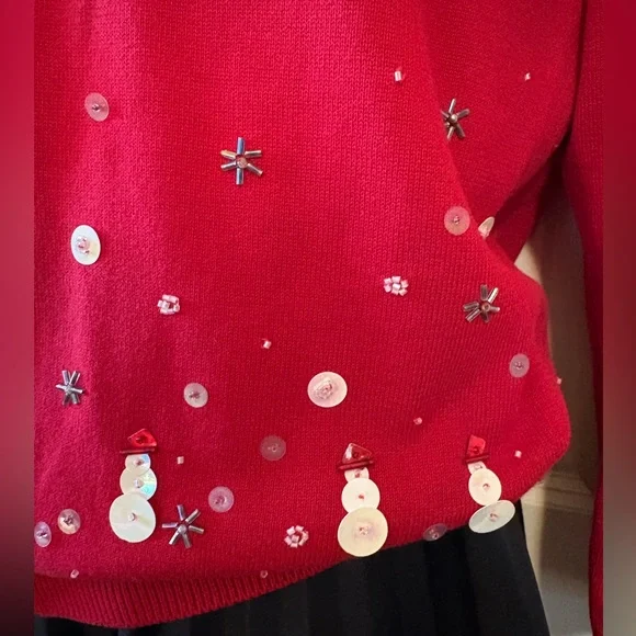 Susan Bristol Vibrant Red snowmen sweater, size L - Picture 3 of 11